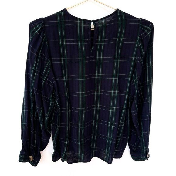 Zara Navy Blue Green Plaid Long Sleeve Top Small - Picture 5 of 8